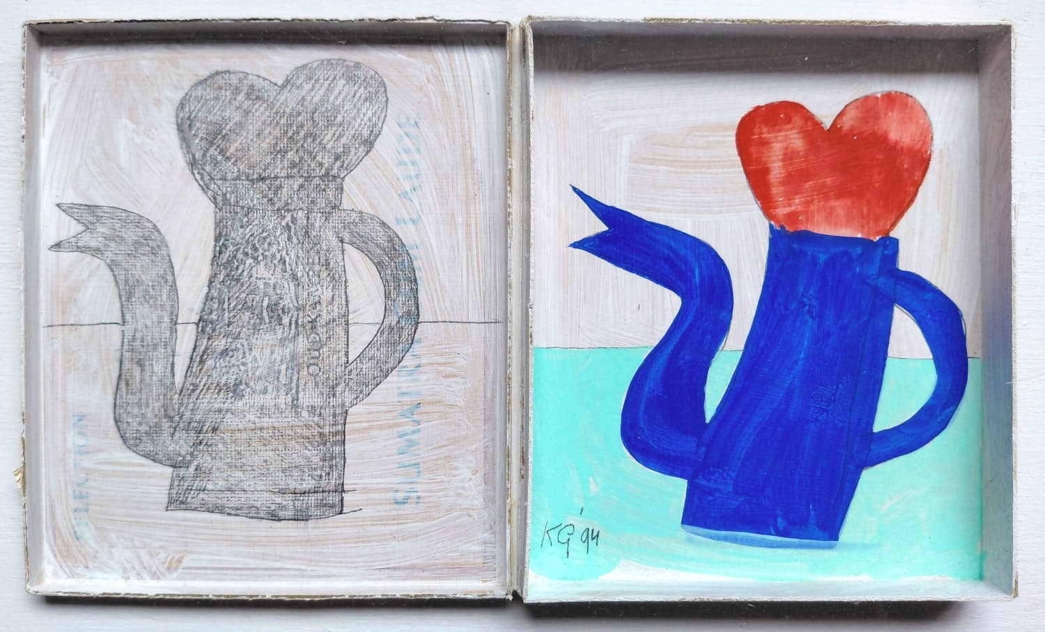 Klaas Gubbels - Ketel met hart, gemengde techniek op sigarendoos (netjes ingelijst) kopen? Bied vanaf 1295!
