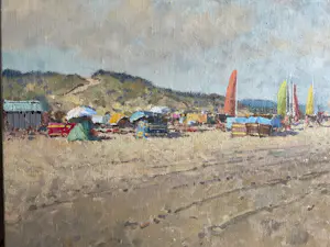 Willem Heytman - Zonnig strandtafreel met zeilbootjes kopen? Bied vanaf 750!