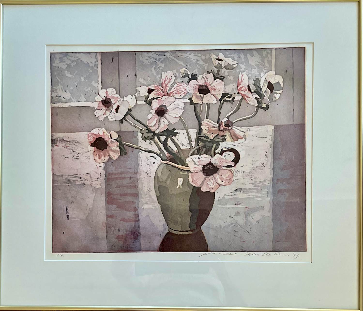 Marcel Schellekens - Kleur ets Roze anemonen in vaas, gesigneerd en ingelijst verkocht voor € 95!