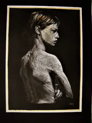 Niet of onleesbaar gesigneerd - Groot & Intrigerend Pastel portret halfnaakte jongen - in dure lijst! kopen? Bied vanaf 1!