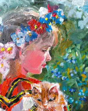 Vladimir Goussev - Portret van een meisje met een kitten kopen? Bied vanaf 400!