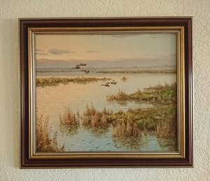 Gien Brouwer - Plasgezicht met vliegende eenden in avondrood kopen? Bied vanaf 235!