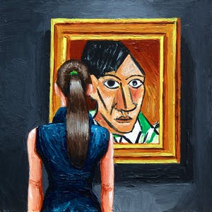 Gerard Boersma - Self Portrait Picasso (Vrouw kijkend naar zelfportret van Picasso) kopen? Bied vanaf 75!