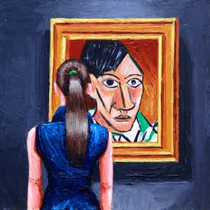 Gerard Boersma - Self Portrait Picasso (Vrouw kijkend naar zelfportret van Picasso) verkocht voor € 75!