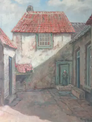 Frans Kops - BINNENPLEINTJE MET VROUW / OLIEVERF DOEK / 72x63cm / KADER / SIG kaufen? Bieten Sie von 95!