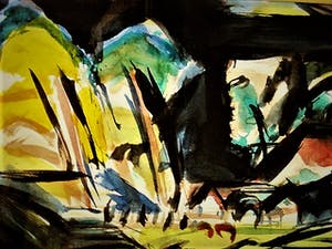 Niet of onleesbaar gesigneerd - Groot&Gesigneerd expressionistisch Aquarel "Avond Landschap" kopen? Bied vanaf 1!