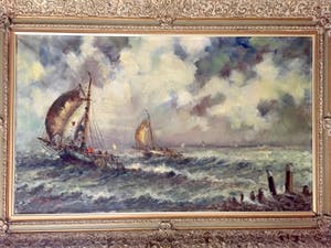 Willem Bos - Platbodems op woelige zee - Olieverf op Doek, Klassieke, grote lijs kopen? Bied vanaf 299!