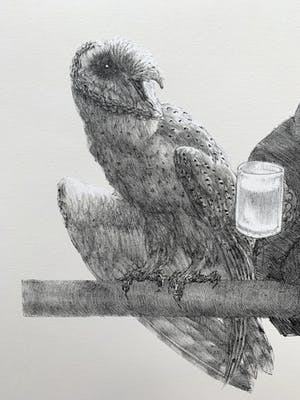 Peter Vos - litho | 'Oude man met uil' | 1986 kopen? Bied vanaf 225!