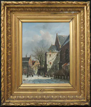 Adrianus Eversen - Olieverf op paneel, Winterse straatscène - Ingelijst kopen? Bied vanaf 5000!