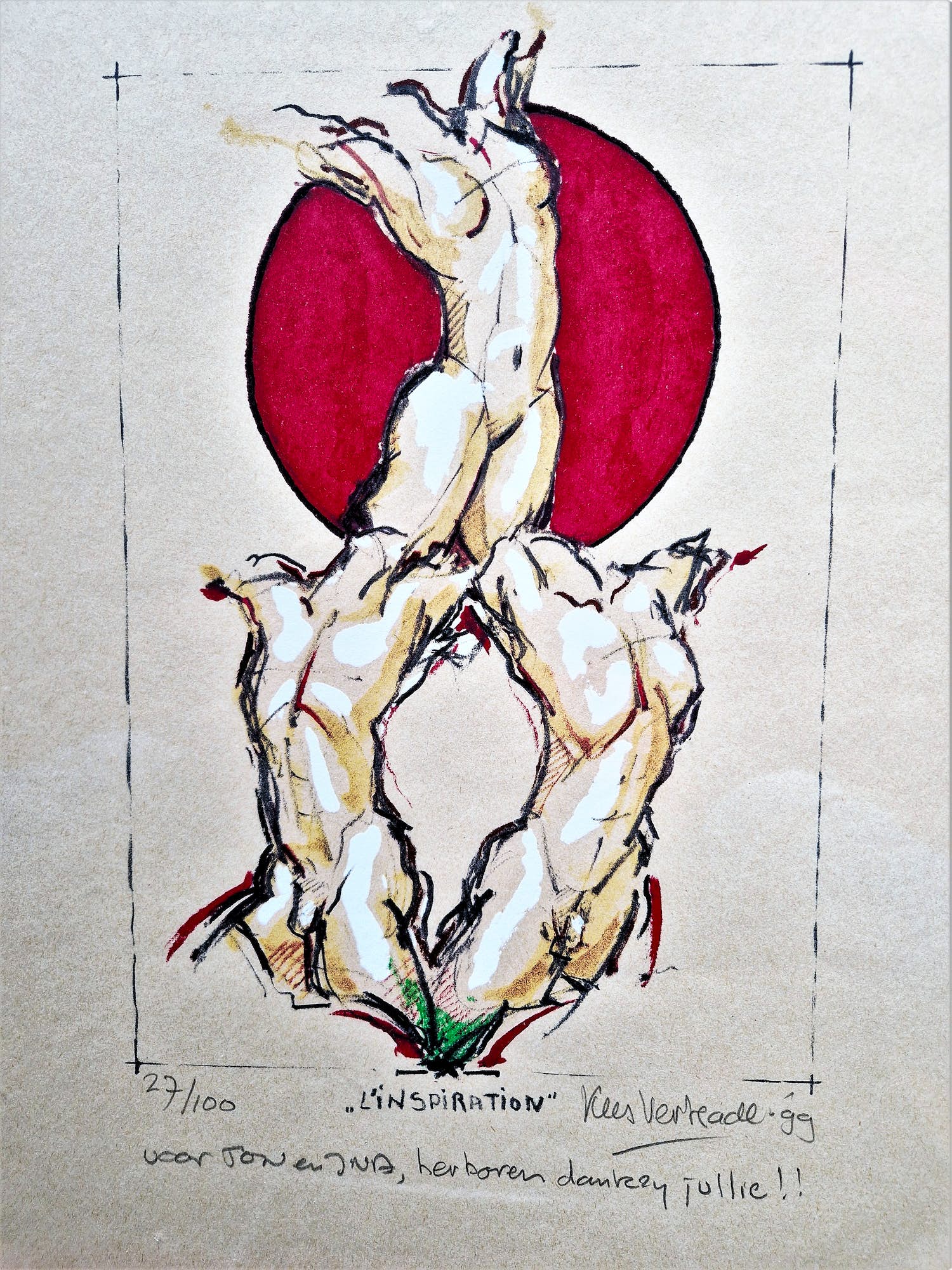 Kees Verkade - Bijzondere handgekleurde Litho "l'inspiration" met persoonlijke opdracht verkocht voor € 276!