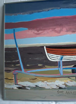 Greetje Grijpma - (1931-2013) Olieverf op paneel, ingelijst , “Boot aan zee” – 1981 kopen? Bied vanaf 50!