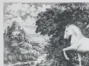 Dirk van Gelder - Wit paard in Arcadisch landschap - Gravure kopen? Bied vanaf 75!