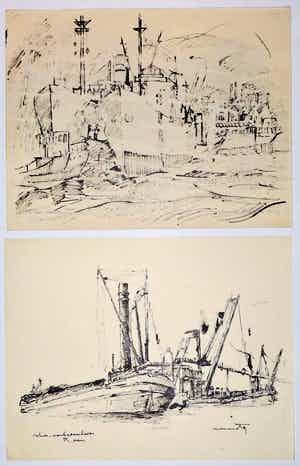 Wim Motz - 2 tekeningen van Rotterdamse havengezichten verkocht voor € 50!