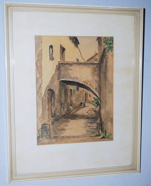 Fred Witte - aquarel van een straatje in St. Paul de Vence - met groot krantenartikel kopen? Bied vanaf 25!