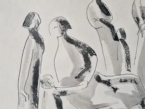 Dick Elffers - Gesigneerde jaren 50 aquarel inkt en potlood tekening "4 generaties vrouwen" kopen? Bied vanaf 38!