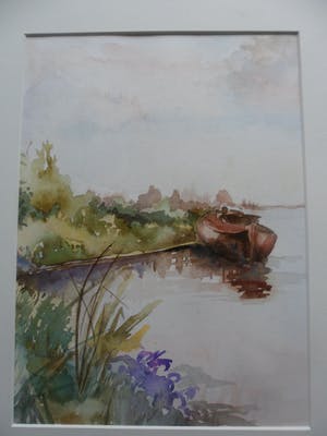 Jan van Bragt - Aquarel met een afgemeerde roeiboot. kopen? Bied vanaf 20!