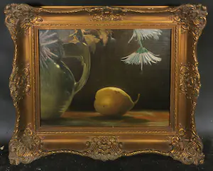 Niet of onleesbaar gesigneerd - Olieverf op doek, Stilleven met bloemen en peer - Ingelijst kopen? Bied vanaf 1!