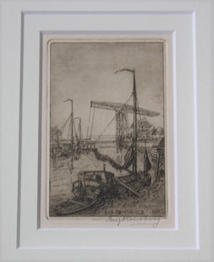 Eugene Rensburg - Hand gesigneerde ets - "Landschap met boten en ophaalbrug" kopen? Bied vanaf 35!