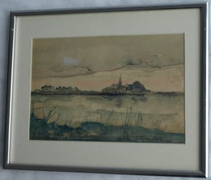 Niet of onleesbaar gesigneerd - Ingelijste aquarel, “Landschap met water” – gesigneerd ‘v. Os’ kopen? Bied vanaf 1!