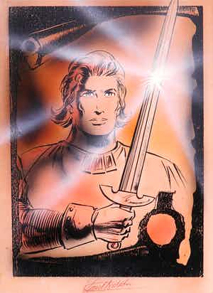 Karel Biddeloo - Inkt en airbrush, De Rode Ridder verkocht voor € 200!