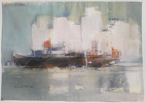 Theresia van der Pant - Schepen voor zonovergoten skyline, tekening met pastelkrijt kopen? Bied vanaf 350!