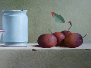 Leo Pors - Stilleven met Reine Victoria pruimen, schaaltje en zalfpotje kopen? Bied vanaf 1695!