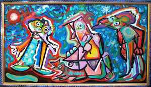 Jasper Banen - Acrylverf op paneel , ‘Nieuw huisdier?’ – Ingelijst, 88 x 149 cm - 2004 kopen? Bied vanaf 525!