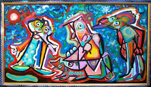 Jasper Banen - Acrylverf op paneel , ‘Nieuw huisdier?’ – Ingelijst, 88 x 149 cm - 2004 vendu pour 525€ !