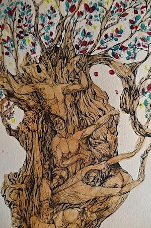 Niet of onleesbaar gesigneerd - Bloeiende Mensenboom (groot intrigerend werk) kopen? Bied vanaf 10!