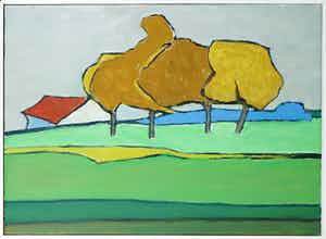 Paul Overhaus - Olieverf op doek, Rood dak - Ingelijst verkocht voor € 60!