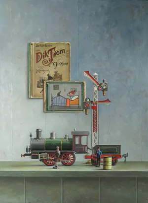 Piet Gutter - Sfeervol realistisch olieverf op paneel, Märklin & Dik Trom - Ingelijst kopen? Bied vanaf 2000!