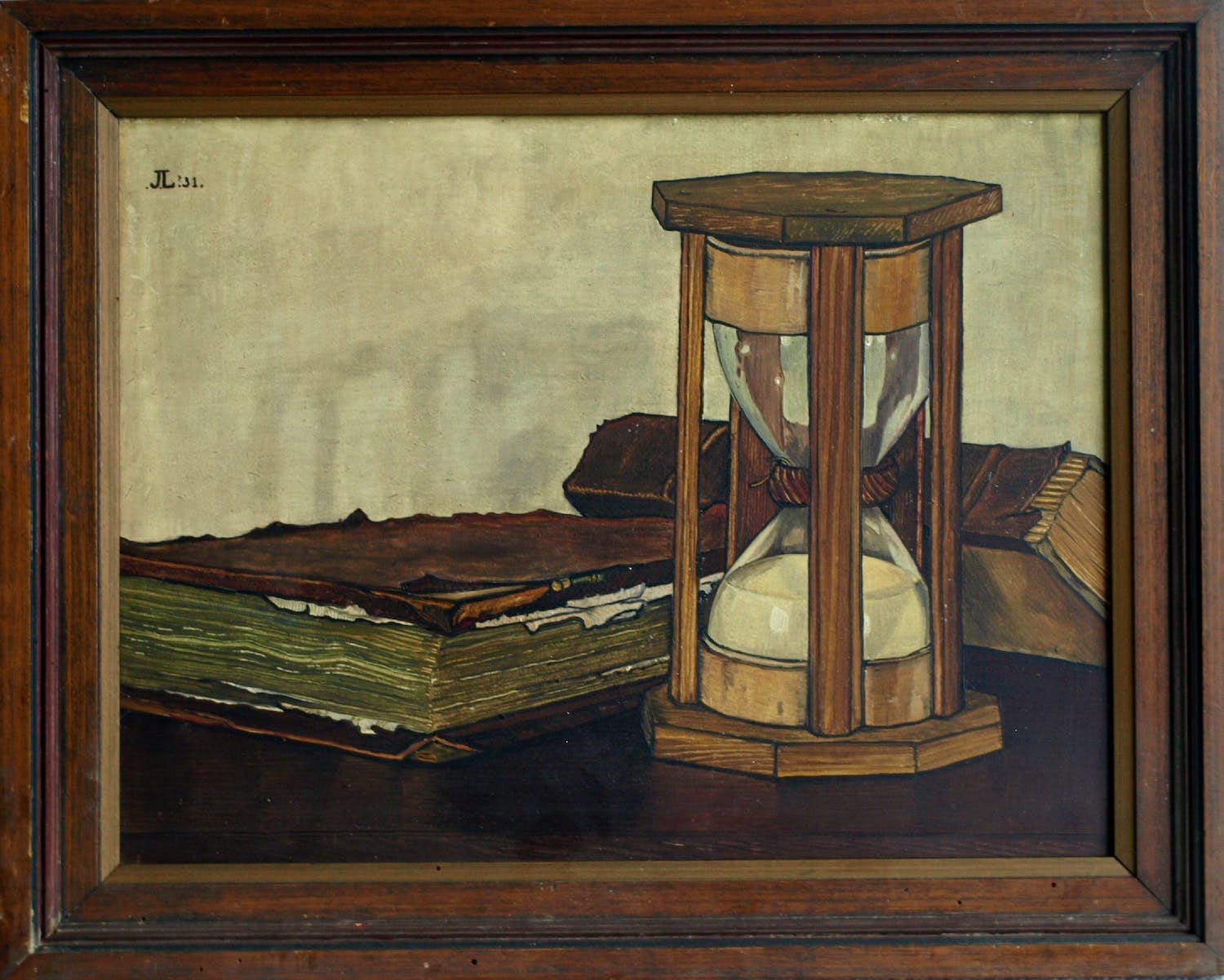 Jo Lodeizen - Olieverf op paneel, Stilleven met boeken en zandloper – 1931 verkocht voor € 1!