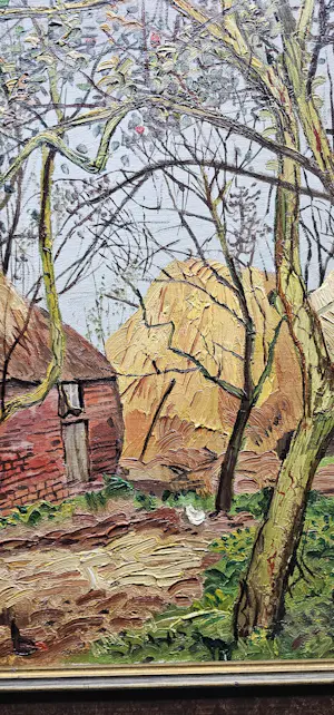 Herman Bieling - Boerderijtjes met hooiklamp en kippen54/70 cm met lijst69/86cm, kopen? Bied vanaf 750!