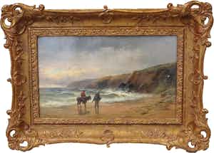 George H. Jenkins - Olieverf op paneel, Strandgezicht met figuren - Ingelijst verkocht voor € 100!