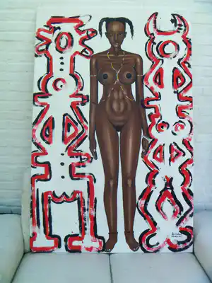 Peter Klashorst - afgeprijst : UNIEK : zeer groot schilderij van een naakte afrikaanse dame , verkocht voor € 575!