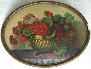 Buy Jeanette Slager - Olieverf op board, Geraniums in koperen pot – gesigneerd en ingelijst? Bid from 225!