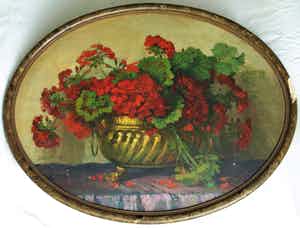 Jeanette Slager - Olieverf op board, Geraniums in koperen pot – gesigneerd en ingelijst verkocht voor € 225!