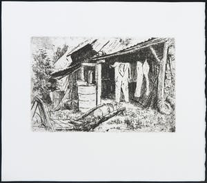 Fred Bervoets - Lot van twee etsen, Dorpsgezicht met bomenrij en de waslijn kopen? Bied vanaf 35!