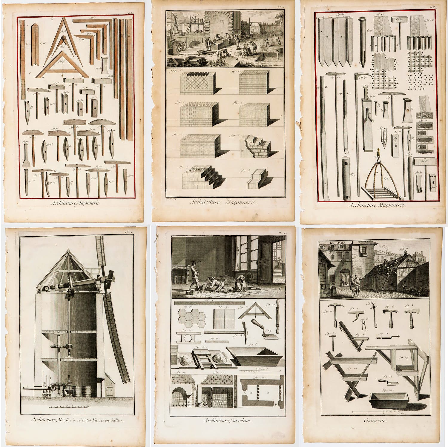 Benoît Louis Prévost - Lot van zes gravures over bouwen verkocht voor € 1!