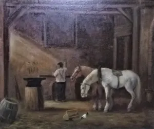 Niet of onleesbaar gesigneerd - gesigneerd - PAARDEN IN DE SMEDERIJ kopen? Bied vanaf 1!