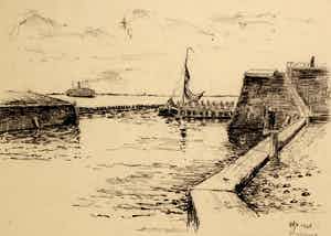 Willem Jans Dijk - tekening: Vlissingen ingang vissershaven - 1928 verkocht voor € 65!