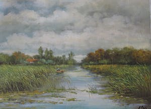 Toon Wildeboer - polderlandschap met visser in bootje kopen? Bied vanaf 25!