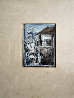 Mieke Kemming-Stork - karakteristieke "Fabel" aquarel in blauw "vrouw met kat" gesigneerd kopen? Bied vanaf 29!