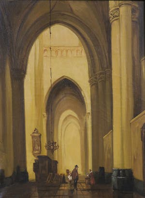 Niet of onleesbaar gesigneerd - Olieverf op doek, Kerinterieur - Ingelijst kopen? Bied vanaf 1!