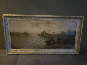 Cornelis Waterman - Water landschap man in boot en opvliegende ganzen kaufen? Bieten Sie von 90!