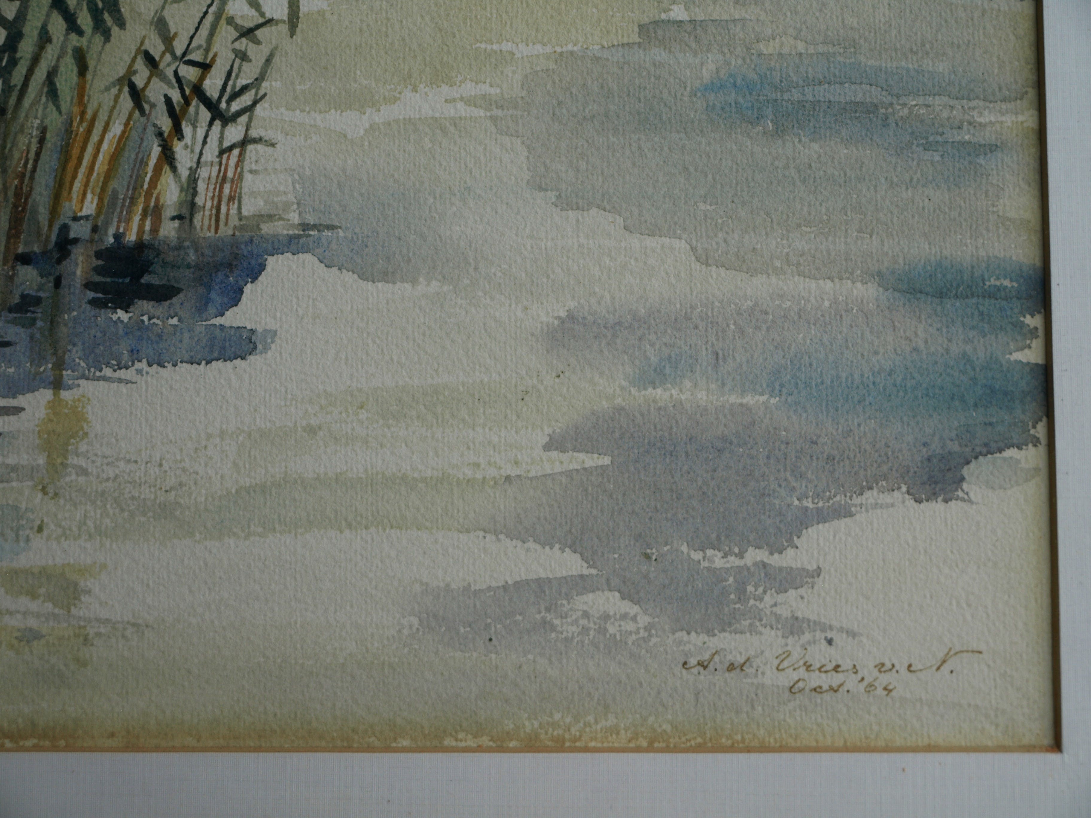 Niet of onleesbaar gesigneerd - Aquarel , Rietkraag – Watergezicht - gesigneerd & ingelijst – 1964  kopen? Bied vanaf 1!