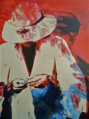 Corrie van Heyst - mysterieuze vrouw in rood-wit-blauw, groot werk kopen? Bied vanaf 1!