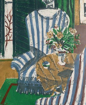 Jeanne Bieruma Oosting - kleurenlinosnede | 'Interieur' | handgesigneerd kopen? Bied vanaf 150!