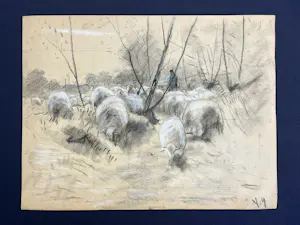 Anton Mauve (sr.) - Schapenherder met kudde schapen in winters landschap tussen bomen kopen? Bied vanaf 320!