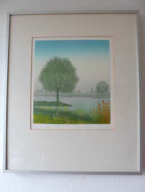 Hans Heijman - Kleuren ets. Titel, "Maaskant". verkocht voor € 35!